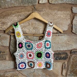 Handmade Crochet Floral Granny Square Crop Top - Cream with Multicolor Flowers